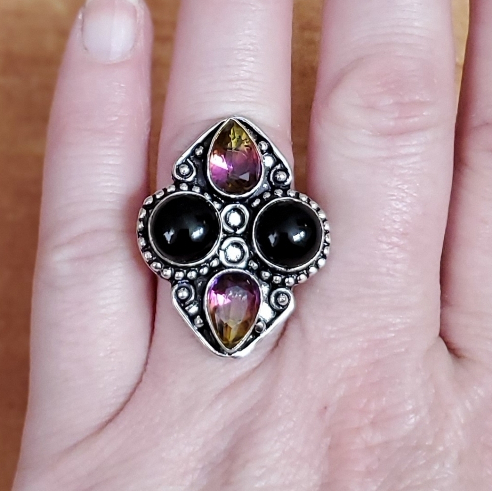 New Black Onyx & Ametrine 925 Silver Ring